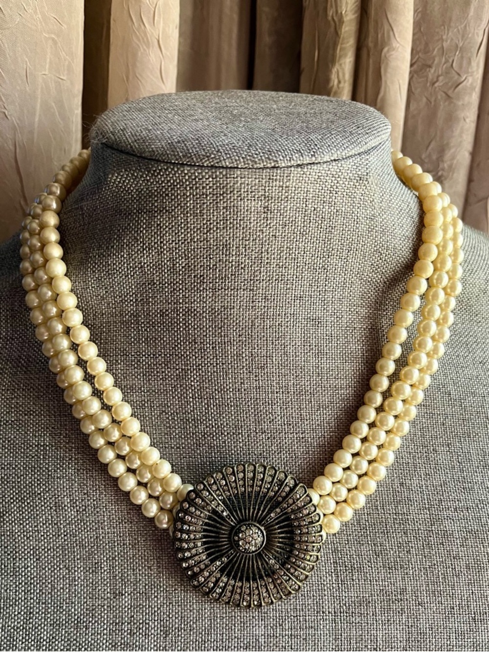 Heidi Daus Pearl Necklace with Ornate Silver Medallion